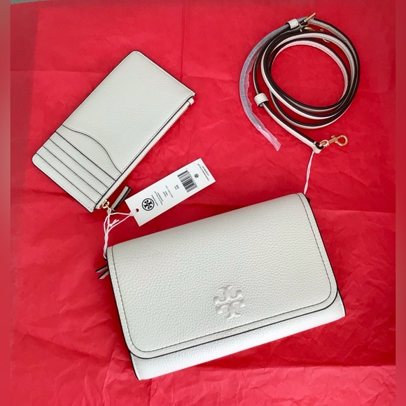 Tory Burch Thea Flat Crossbody and Zip Card Wallet Leather Ivory New In Package - Picture 2 of 16